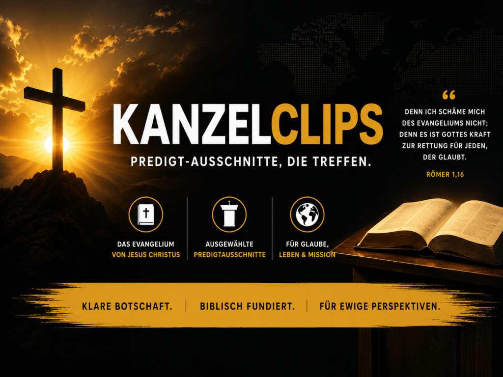 Ein Kreuz auf einem Hügel bei Sonnenaufgang, eine aufgeschlagene Bibel und ein deutscher Text, der für Predigtausschnitte mit klaren, biblischen Botschaften zu Glauben und Mission wirbt.
