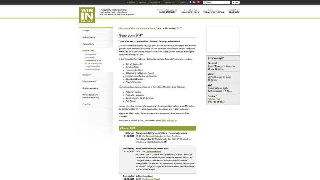 Screenshot einer deutschen Website mit dem Titel Generation WiNY mit Rubriken, einem Menü in der Seitenleiste, Veranstaltungshinweisen und Text über kirchliche Jugendaktivitäten.