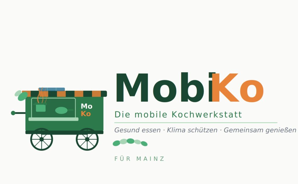 Illustration eines grünen mobilen Küchenwagens mit der Aufschrift MoKo und Text: MobiKo Die mobile Kochwerkstatt. Gesund essen - Klima schützen - Gemeinsam genießen.